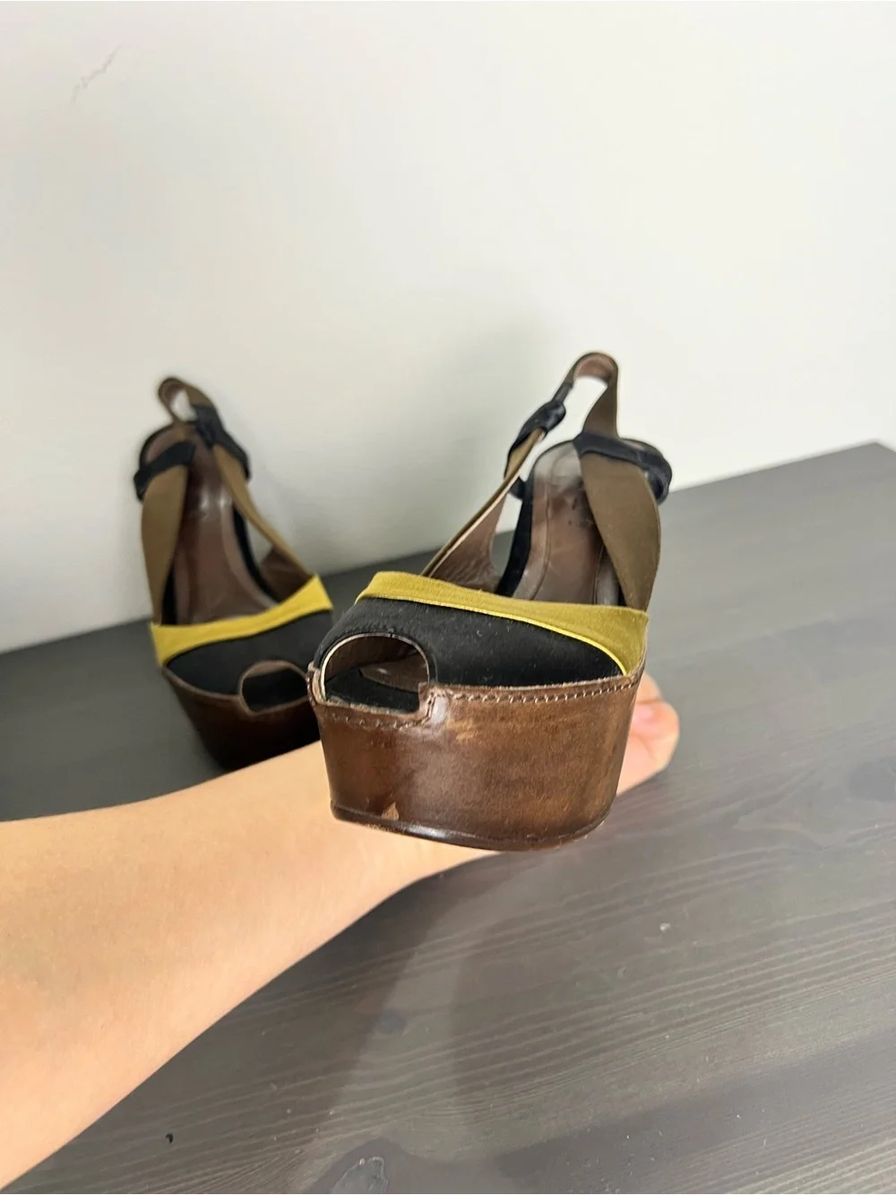 Marni Colorblock Platform Wedge Sandals Size 36 Black Yellow Peep Toe Heel